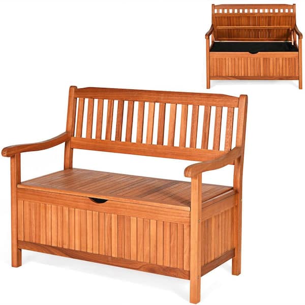 33 gal. 42 in. L Natural Eucalyptus Wood Outdoor Storage Bench with Liner