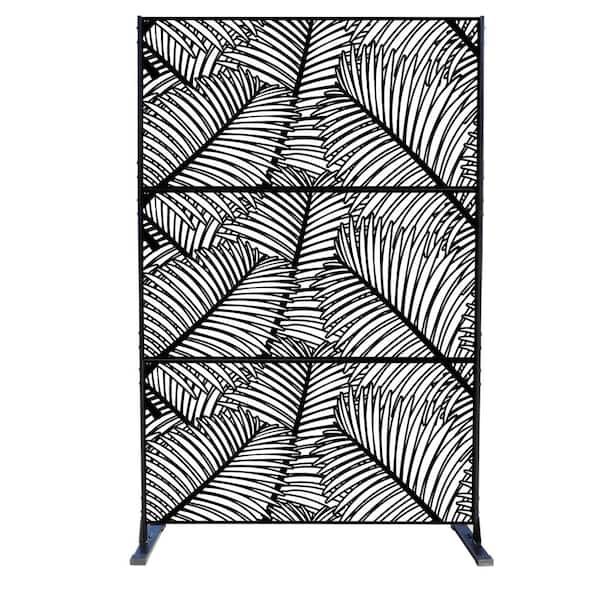 KOZYARD Powder Coated Galvanized Steel Privacy Screen 74 in. H x 47.2 in. W Decorative Fence with Stand (Black Palm Leaf)