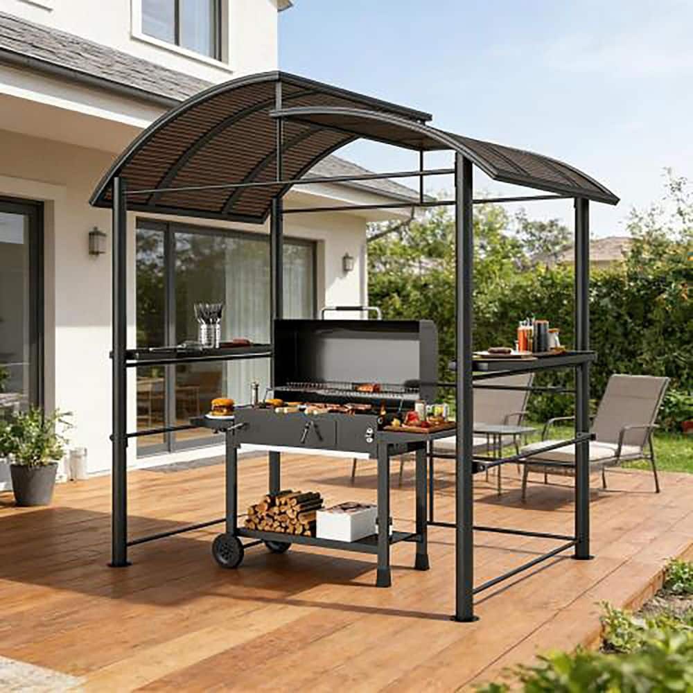 GAZEBEST 8 ft. x 5 ft. Outdoor Gray Grill Gazebo with Double-Layer Polycarbonate Roof and Side Shelves