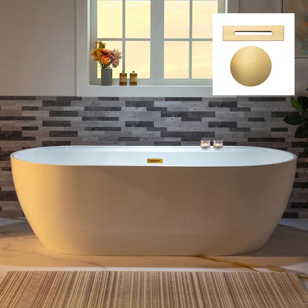 WOODBRIDGE 72 in. x 35.375 in. Acrylic FlatBottom Soaking Bathtub with Center Drain in White with Brushed Gold