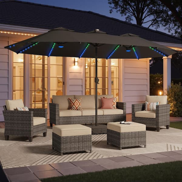 15 ft. Rectangle Outdoor Double Sided Market Patio Umbrella in Dark Gray with Base and RGB Lights for Poolside Lawn