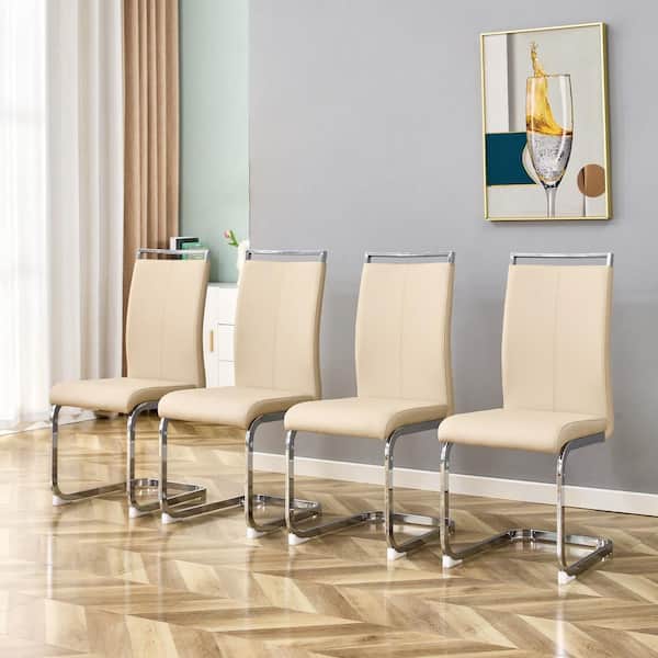 Polibi Beige PU Faux Leather High Back Upholstered Side Chair with Silver C-Shaped Tube Chrome Metal Legs (Set of 4)