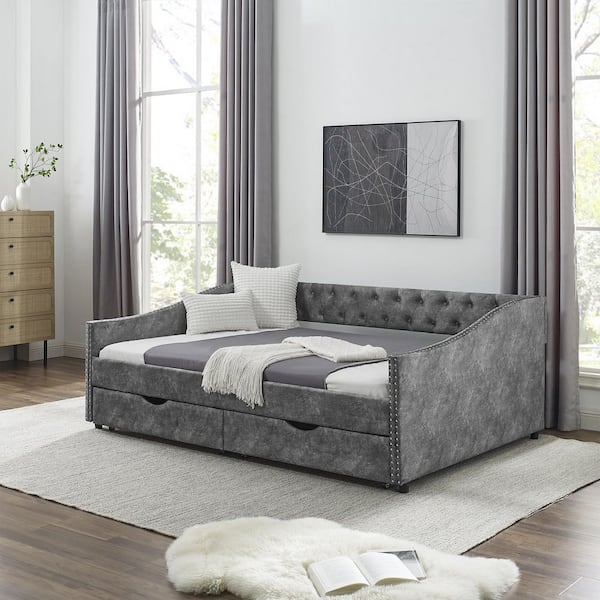 Gray Full Size Upholstered Tufted Daybed with Waved Arms, 2 Storage Drawers and Copper Nailhead Trim