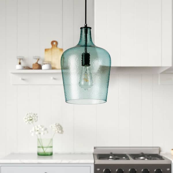 aiwen 9 in. 1-Light Black Island Pendant Light Industrial Hanging Light with Blue Glass Shade