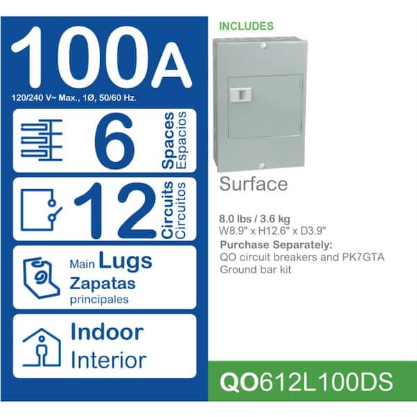 Square D QO 100 Amp 6-Space 12-Circuit Indoor Main Lug Load Center with Surface Mount Cover with Door