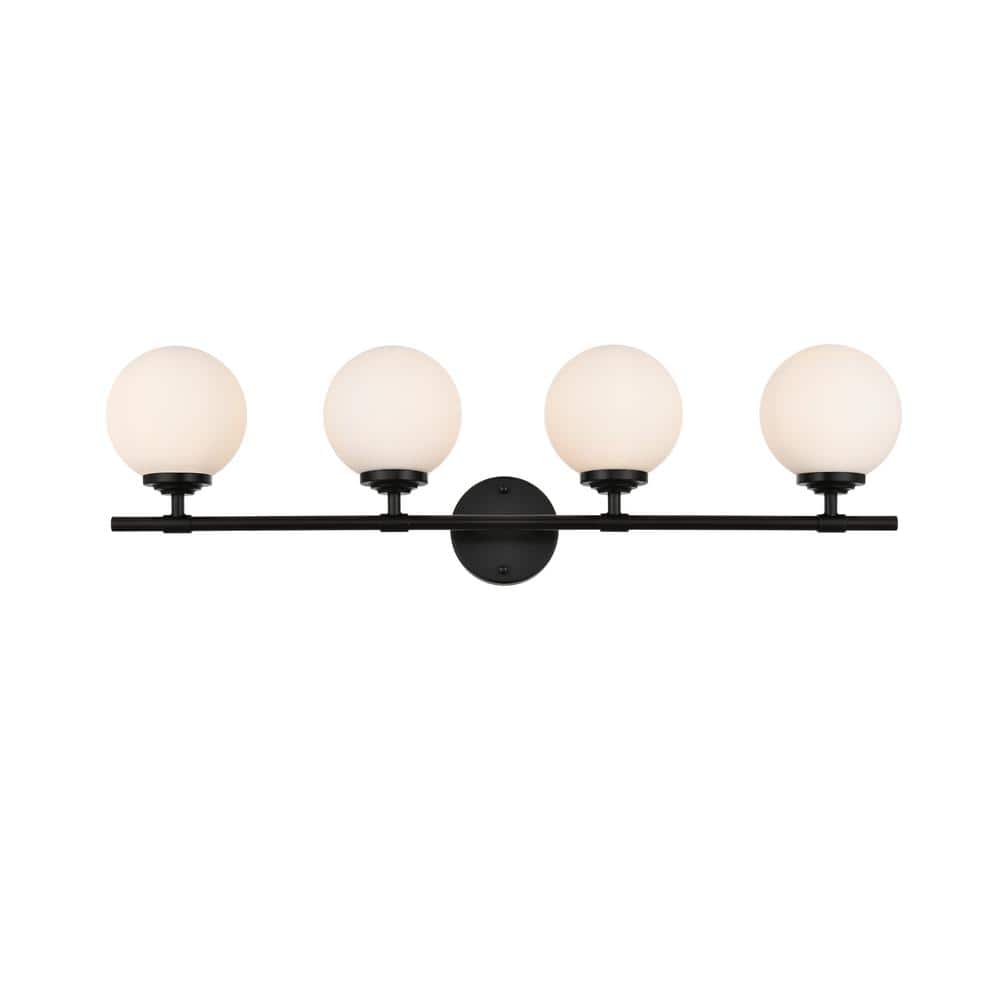 Simply Living 33 in. 4-Light Modern Black Vanity Light with Frosted White R