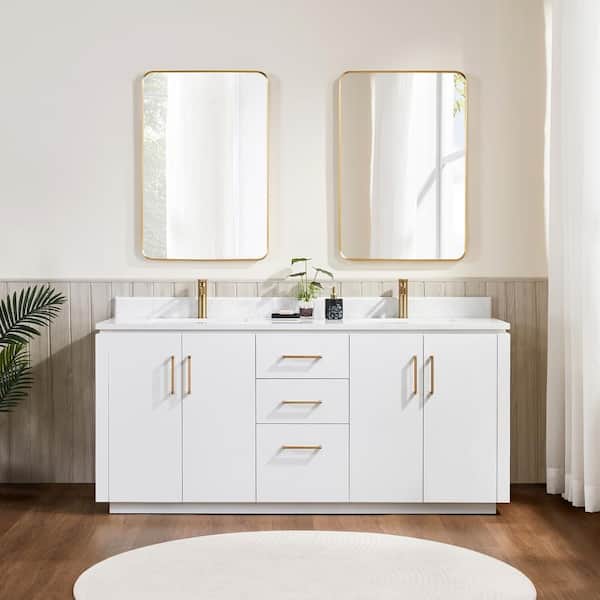 ROSWELL San 72 in. W x 22 in. D x 33.8 in. H Double Bath Vanity in White with White Grain Composite Stone Top