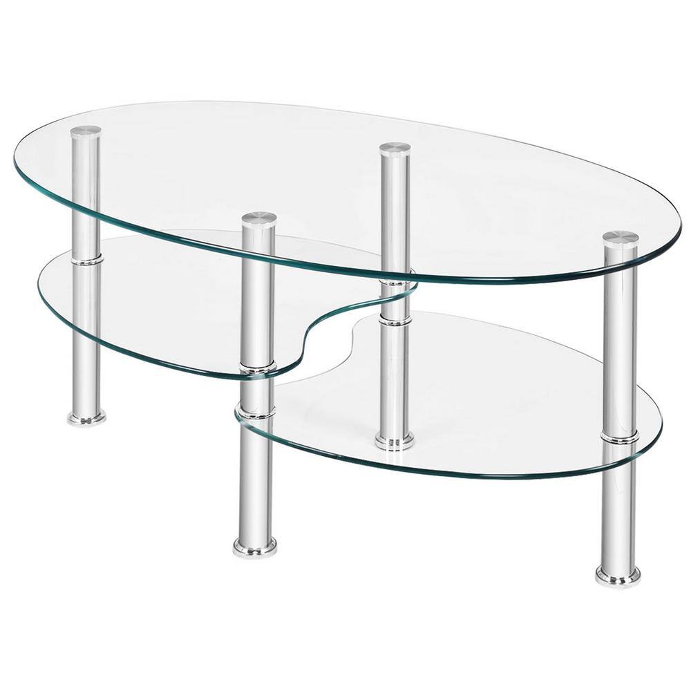 Transparent Oval Tempered Glass Coffee Table with Metal Legs