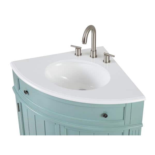 24" Light Blue Wood Corner Bathroom Vanity with White Marble Top