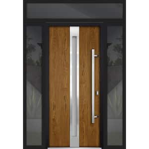 60 in. x 96 in. Left-Hand/Inswing 3 Sidelights Frosted Glass Oak Steel Prehung Front Door with Hardware