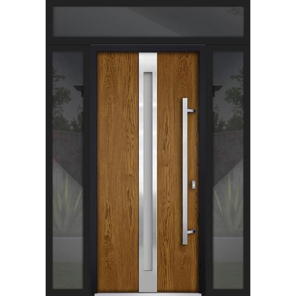 VDOMDOORS 64 in. x 96 in. Left-Hand/Inswing 3 Sidelights Frosted Glass Oak Steel Prehung Front Door with Hardware