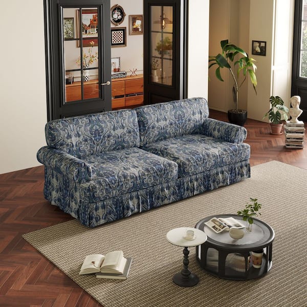 74 in.  Square Arm Chenille Rectangle Sofa in Blue (Seats 3)