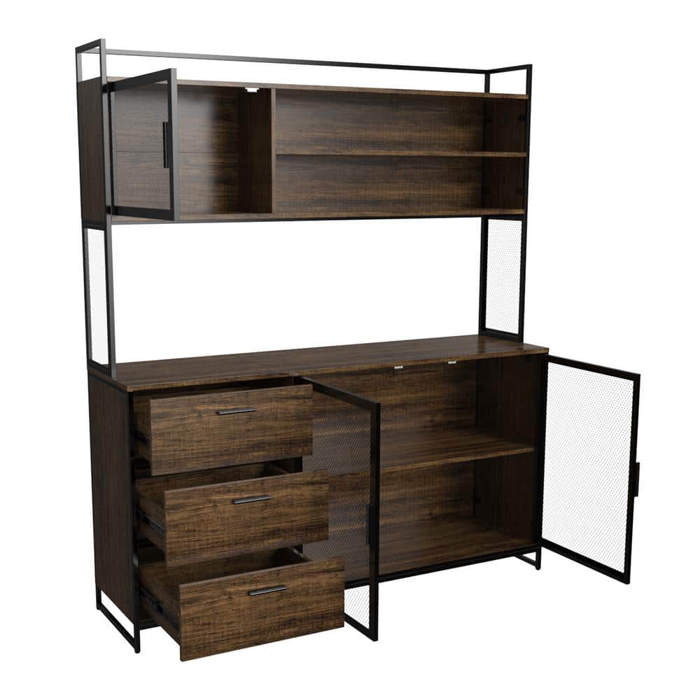 Brown Wood and Metal Mesh 3-Door Kitchen Pantry Cabinet