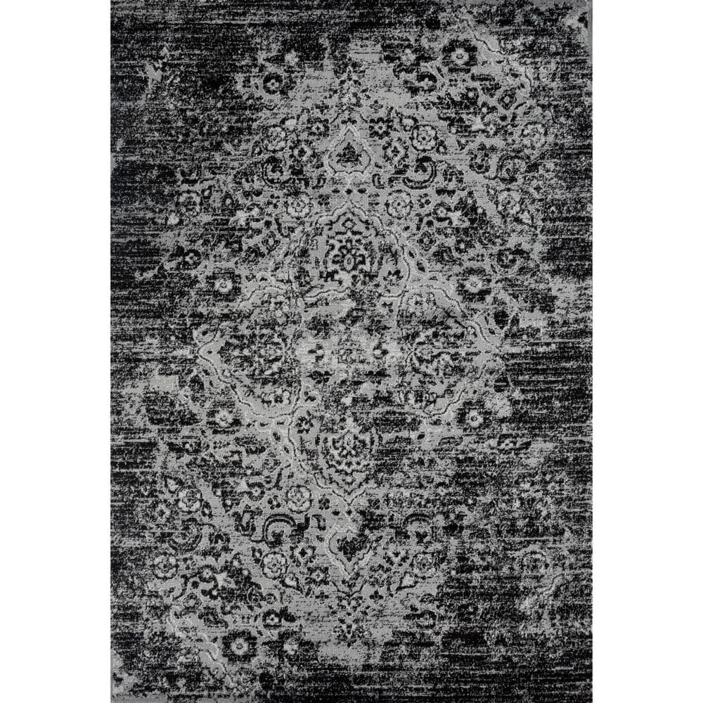 Victoria Collection Distressed Grey 5x7 Oriental Floral Polypropylene Area 
