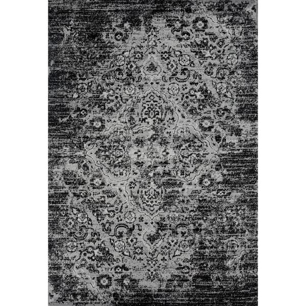 Victoria Collection Distressed Grey 5x7 Oriental Floral Polypropylene ...