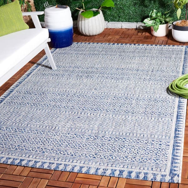 Courtyard Navy/Gray 8 ft. x 11 ft. Border Geometric Striped Indoor/Outdoor Area Rug