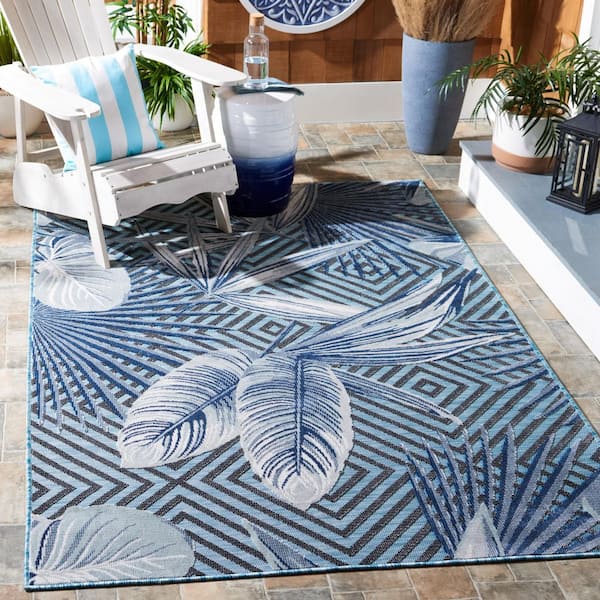 Cabana Aqua/Navy 6 ft. x 6 ft. High-Low Diamond Leaf Indoor/Outdoor Square Area Rug