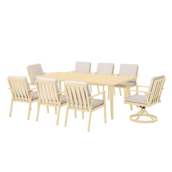 Alulux Light Brown Wood 9-Piece Aluminum Outdoor Dining Set with Rectangular Table and Beige Cushions