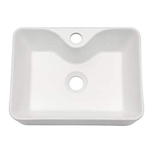 AGA Bathroom Porcelain Ceramic Vessel Sink in White Rectangle Above Counter with One Pre-Drilled Faucet Hole
