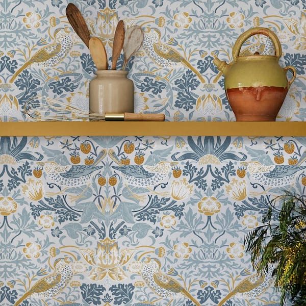 William Morris at Home Strawberry Thief Soft Blue Wallpaper