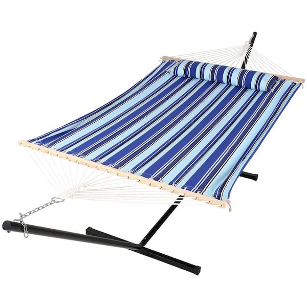 Atesun 12 ft. Free Standing, 475 lbs. Capacity, Heavy-Duty 2-Person Hammock with Stand and Detachable Pillow in Blue Stripes