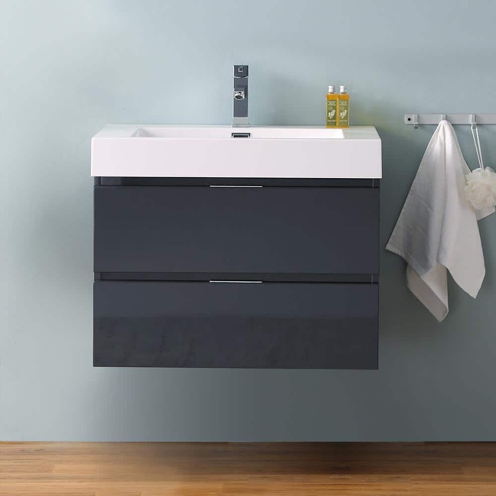 Valencia 30" Glossy Gray Wall-Mounted Modern Vanity with Integrated Sink