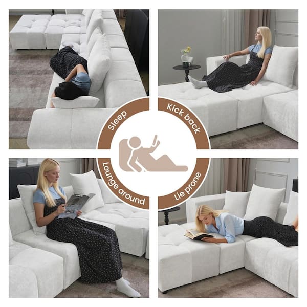 J&E Home 6-Piece White Linen 183.5 in. W Sectional Sofa Oversized