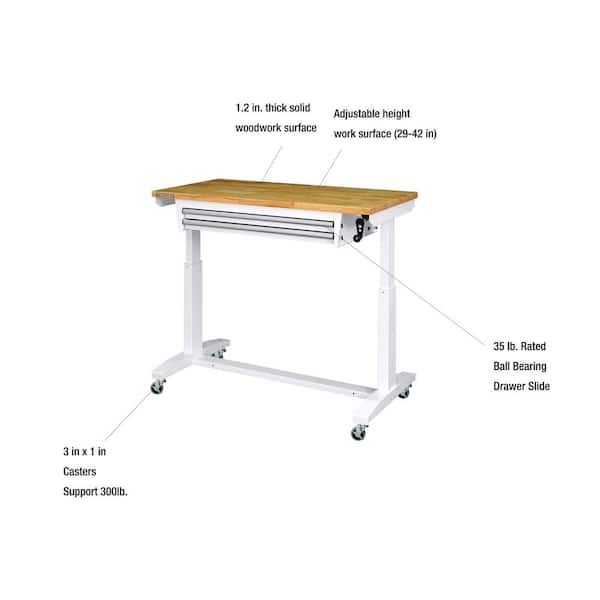 46 in. W x 24 in. D 2-Drawer Adjustable Height White Worktable with Solid Wood Top