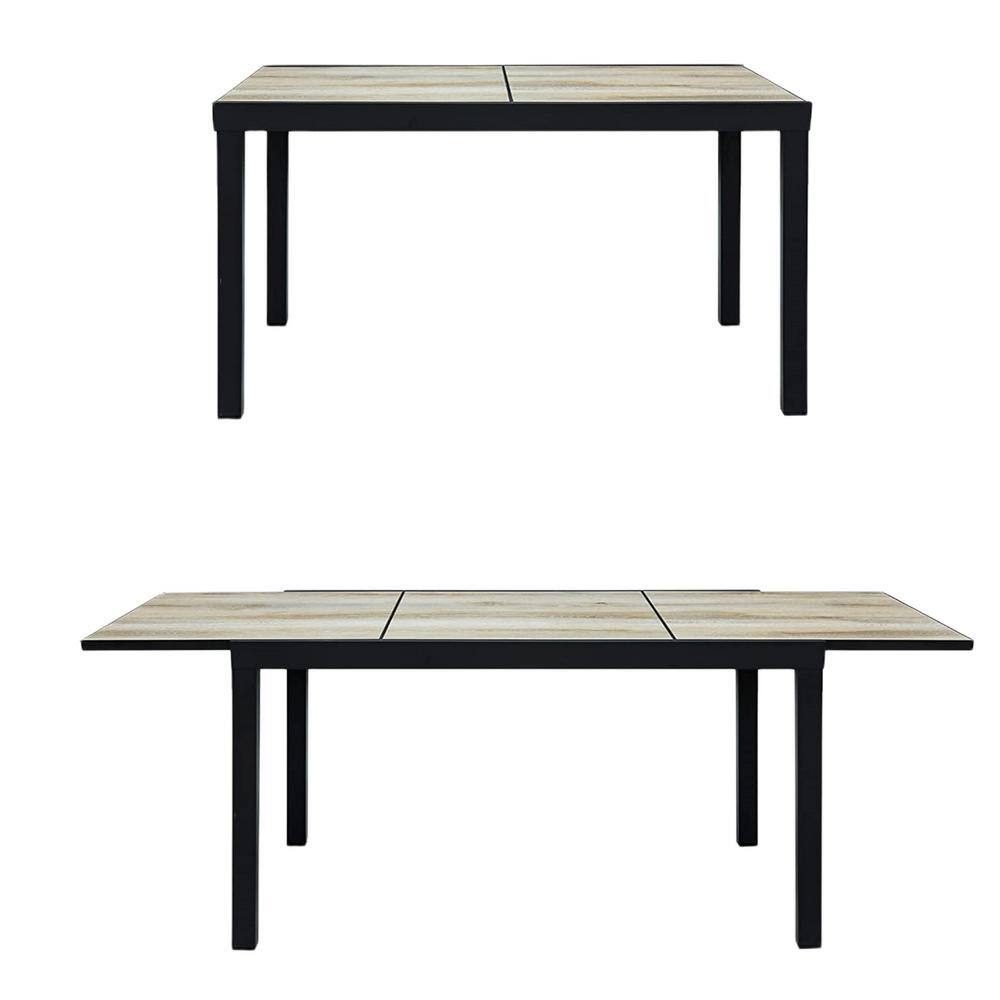 6-Person Black Aluminum Outdoor Patio Dining Table with Extension, Wood-Lik