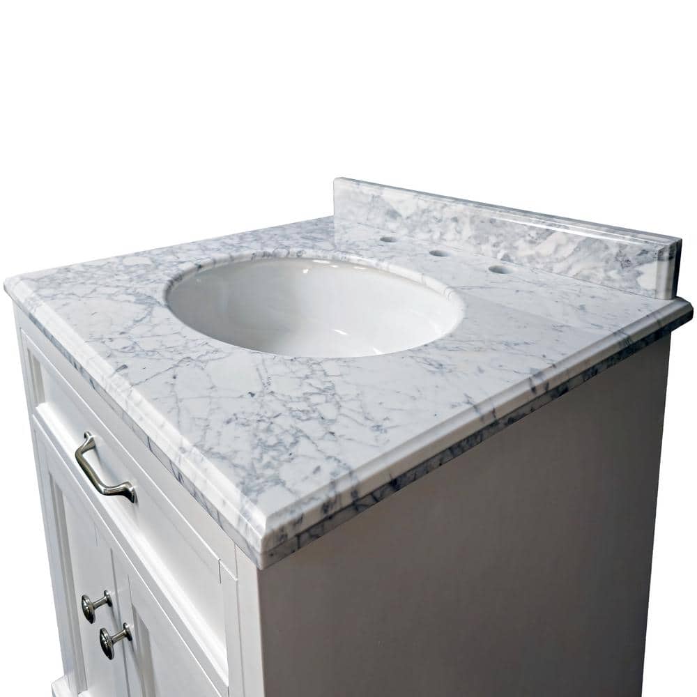 24" White Solid Wood Bathroom Vanity with Carrara Marble Top