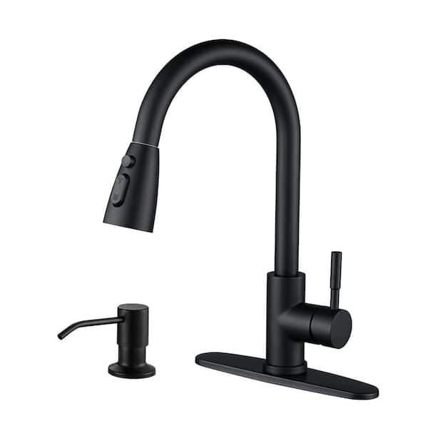 ALEASHA Single-Handle Pull Down Sprayer Kitchen Faucet with Soap Dispenser in Black