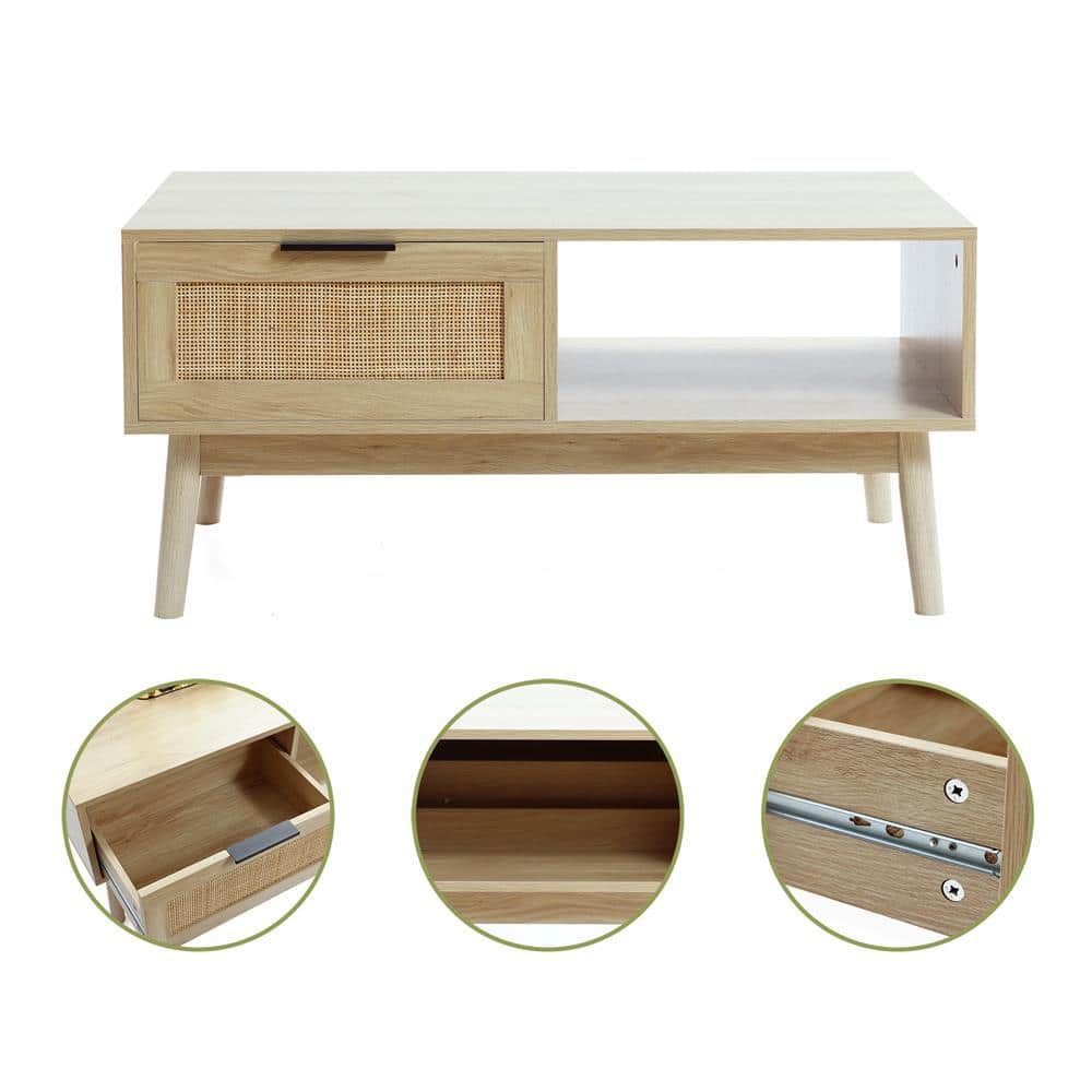 White Oak Finish Rectangular Wood Coffee Table with Storage
