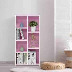 41.7 in. Pink/White Faux Wood 7-shelf Standard Bookcase with Storage