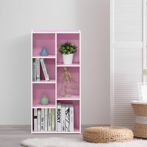 Furinno 41.7 in. Pink/White Faux Wood 7-shelf Standard Bookcase with Storage