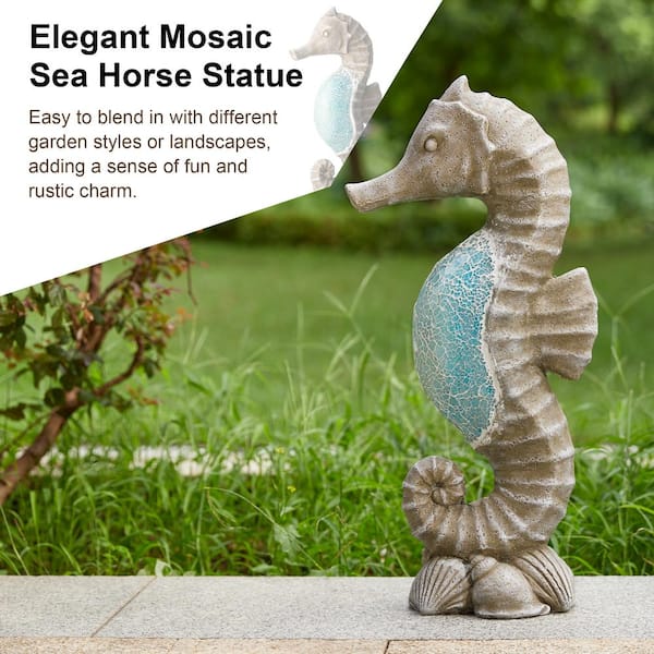 Glitzhome 21 in. H MGO Marine Faux Granite and Mosaic Sea Horse
