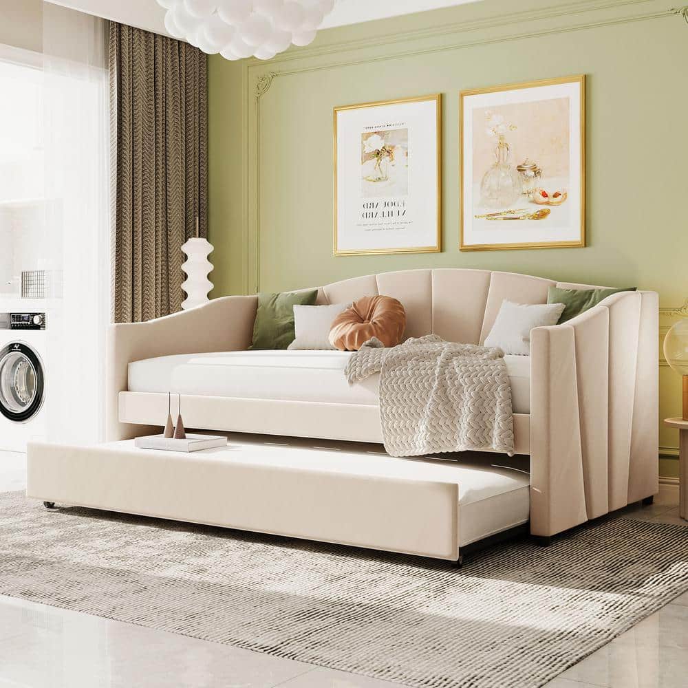 Harper Bright Designs Elegant Beige Twin Size Upholstered Wood Daybed with Trundle QMY061AAA The Home Depot