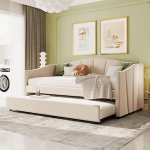 Elegant Beige Twin Size Upholstered Wood Daybed with Trundle