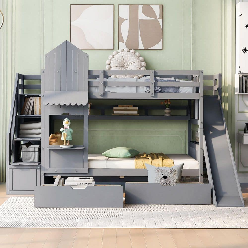 Gray Twin-Over-Twin Bunk Bed with 2 Drawers, 3 Shelves and Slide price history on PriceWatchPro