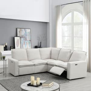 Home Theater 89.7 in. W Square Arm L-Shaped Linen Modern Power Recliner Sectional Sofa in. Beige with USB Port