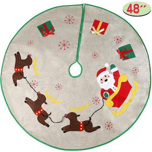 4 ft. T Brown, Red and White Durable Burlap Santa on Sleigh Christmas Tree Skirt