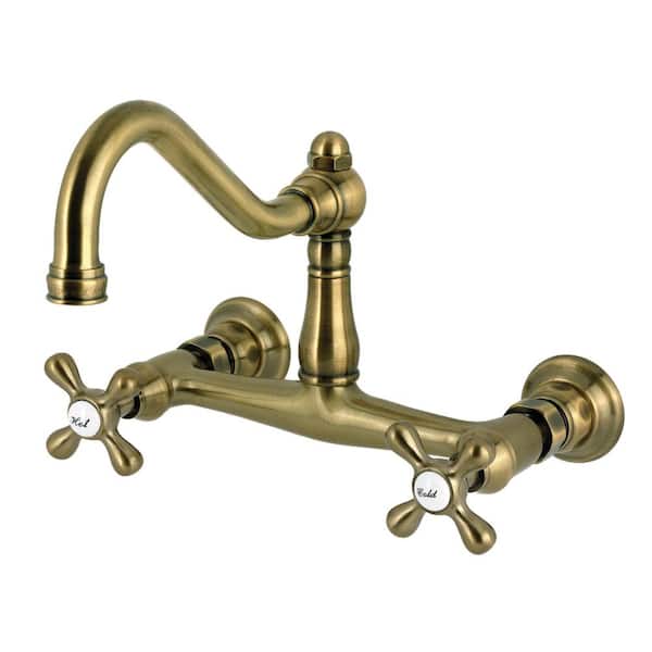 Vintage Double Handle Wall Mount Bathroom Faucet in Antique Brass
