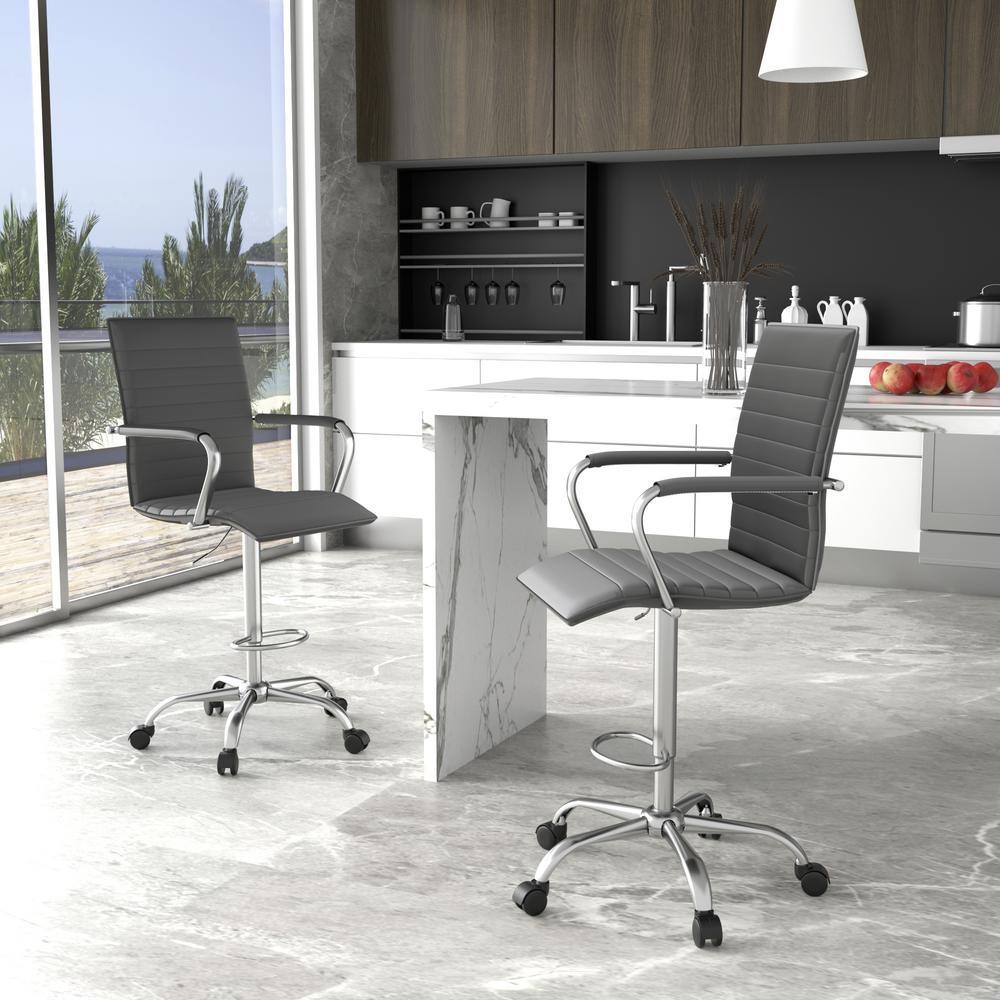 Gray Vinyl Ribbed Drafting Stool with Fixed Arms