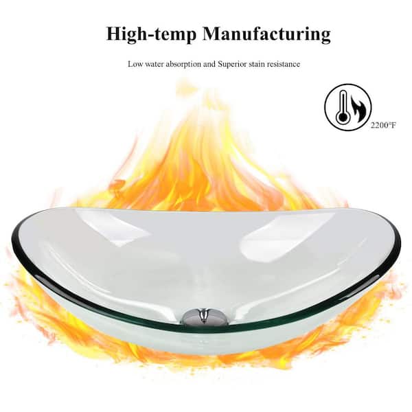 Glass Oval Vessel Sink in Clear with Faucet Pop Up Drain Set