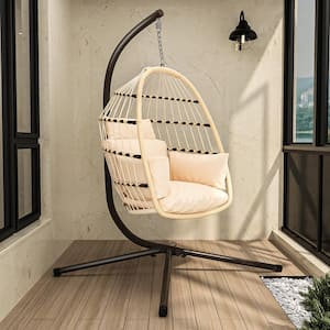 Natural PE Wicker Outdoor Foldable Patio Swing Egg Chair with Beige Cushions