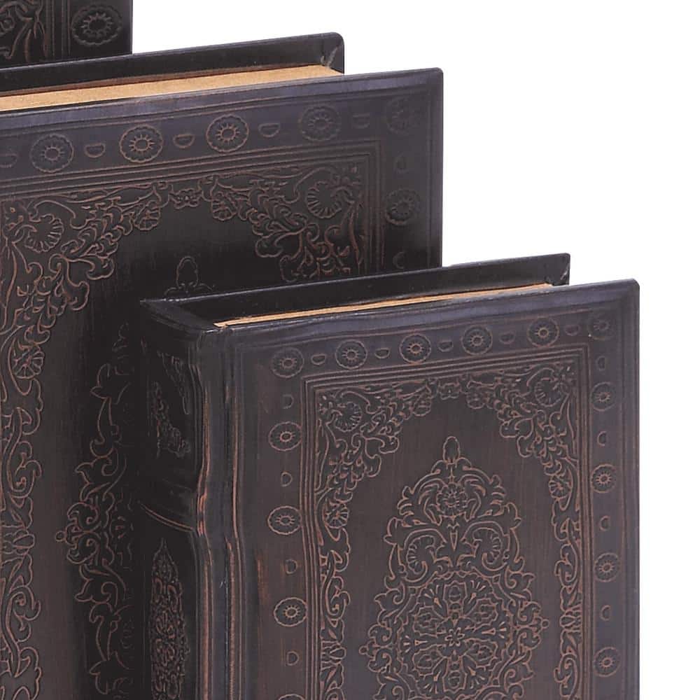 Vintage Illustration Dark Brown Wood & Faux Leather Decorative Book Box Set of 3