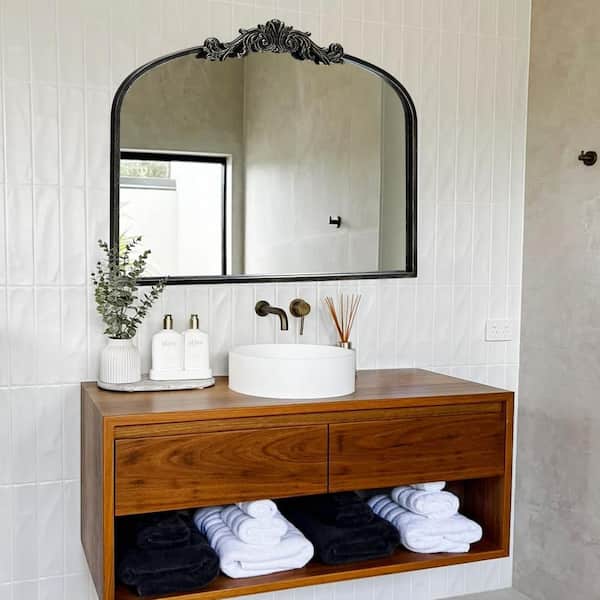 35.8 in. W x 29.1 in. H Ornate Baroque Classic Vintage Black Stainless Metal Frame Arched Wall Mirror