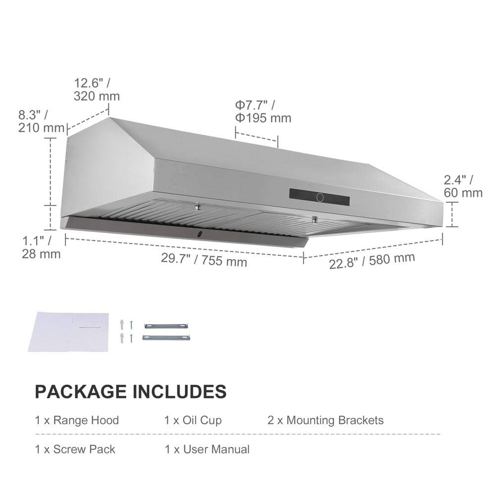 30" Stainless Steel Under Cabinet Range Hood with Charcoal Filter