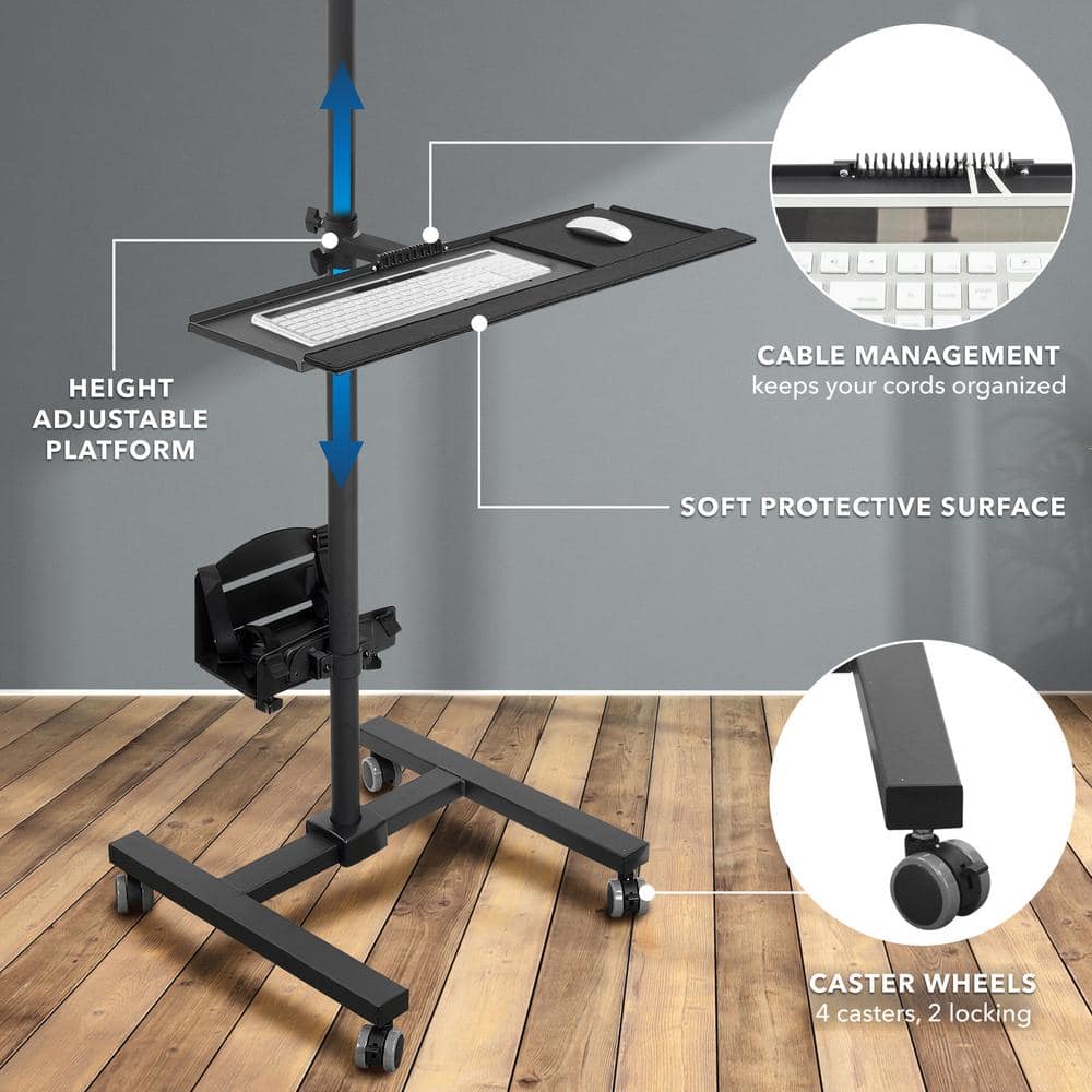 Black Height Adjustable Mobile Computer Cart with Monitor Mount and CPU Holder