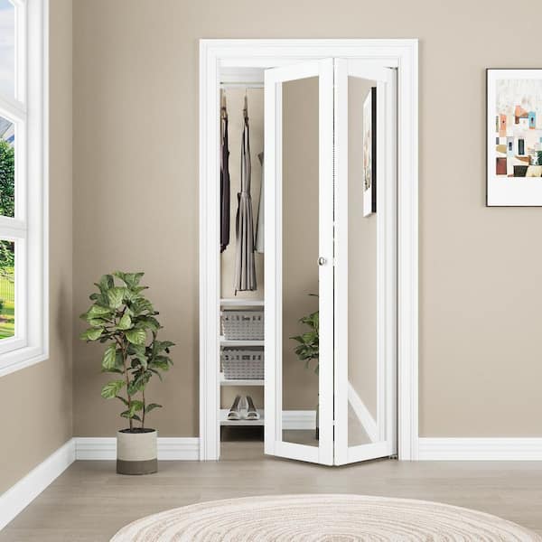 32 in. x 80 in. 1-Lite Mirrored Glass and Solid Core White Finished MDF Interior Closet Bi-Fold Door with Hardware