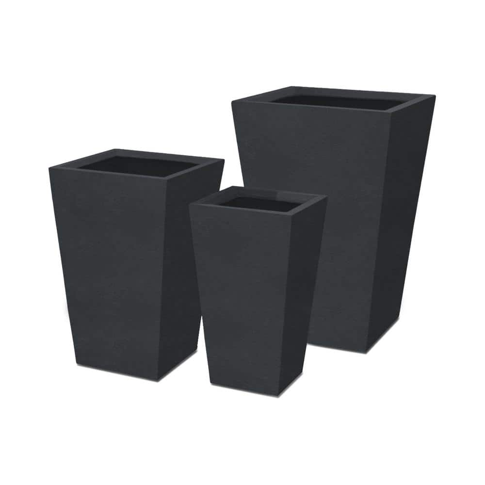 24.4", 18" and 15.7"H Burnished Black Concrete Tall Planter Set of 3, Large Outdoor Indoor w/Drainage Hole & Rubber Plug